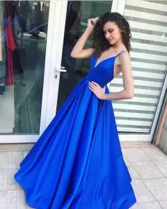 Royal Blue Sleeveless Satin Backless Prom Dresses for Prom and Party and Military Ball