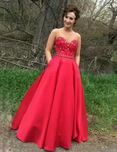 Dramatic Red Satin Sweetheart Beading Prom Dress with Pockets