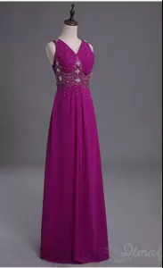 Chiffon V-neck Sleeveless Lace Up Lace and Appliques Homecoming Dress in Fuchsia