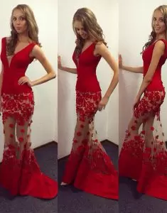 Fashionable Red Mermaid Appliques Prom Evening Gown Backless Taffeta and Tulle Sleeveless Floor Length