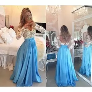 Comfortable V-neck Long Sleeves Dress for Prom Floor Length Beading and Lace Blue And White Satin