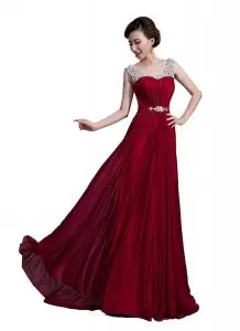 Satin and Chiffon Scoop Sleeveless Sweep Train Lace Up Beading and Lace Junior Homecoming Dress in Red