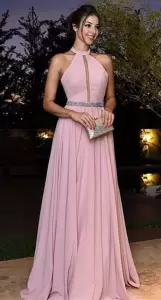 Romantic Pink and Peach Prom Gown Prom and Party with Beading and Lace Halter Top Sleeveless Sweep Train Lace Up