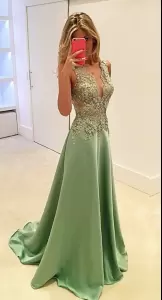 Green Satin Lace Up V-neck Sleeveless Prom Party Dress Sweep Train Beading