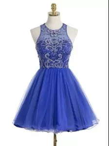 Nice Mini Length Royal Blue Prom Evening Gown Halter Top Sleeveless