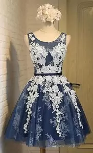 Sleeveless Tulle Mini Length Lace Up Dress for Prom in Navy Blue with Appliques