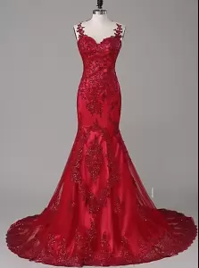 Floor Length Lace Up Prom Gown Red for Prom and Party with Beading and Lace Sweep Train