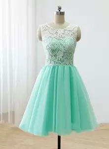 Sleeveless Tulle Mini Length Zipper Prom Dress in Apple Green with Lace and Ruching