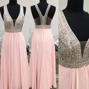 Customized Floor Length Lace Up Hoco Dress Pink for Prom and Party and Wedding Party with Beading and Lace