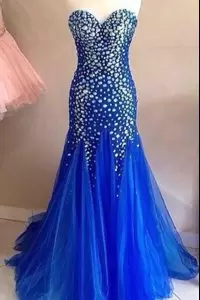 Exquisite Royal Blue Sleeveless Floor Length Beading Lace Up Homecoming Party Dress Strapless