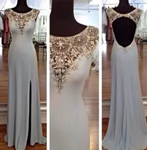 Chic Grey Chiffon Backless Prom Party Dress Sleeveless Floor Length Beading