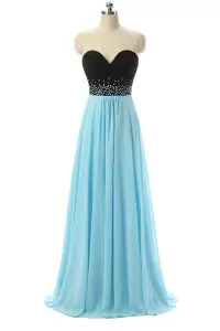 Chic Floor Length A-line Sleeveless Blue And Black Homecoming Dress Lace Up
