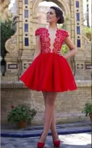 A-line Dress for Prom Red Scoop Organza Cap Sleeves Mini Length