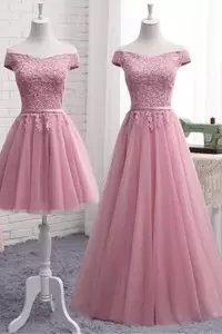 Pretty Pink Cap Sleeves Appliques and Belt Floor Length Homecoming Dress