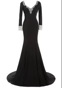 Black Backless Prom Evening Gown Long Sleeves Sweep Train Beading