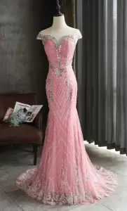 Cap Sleeves Scoop Sweep Train Beading and Appliques Clasp Handle Prom Evening Gown