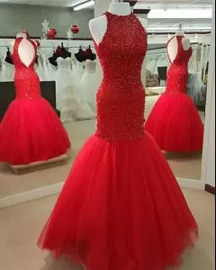 Pretty Floor Length Red Prom Party Dress Tulle Sleeveless Beading