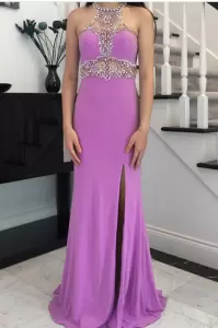 Fashion Dark Purple Sleeveless Sweep Train Beading and Lace Floor Length Prom Party Dress
