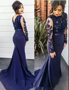 Navy Blue High-neck V-Back Long Sleeves Lace Mermaid Prom Dress with Train
