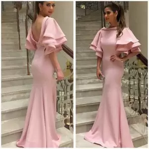 Gorgeous Floor Length Pink Homecoming Dress Satin Short Sleeves Ruffled Layers