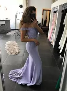 Nice Purple Lace Up Off The Shoulder Appliques Prom Dresses Sleeveless Brush Train