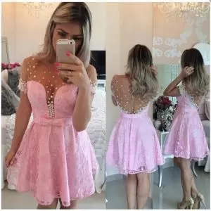 Deluxe Pink A-line Beading and Lace Evening Dress Side Zipper Short Sleeves Mini Length