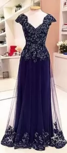 Fitting V-neck Cap Sleeves Side Zipper Prom Party Dress Black And Purple Tulle Lace and Appliques