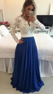 Eye-catching Blue Empire V-neck Long Sleeves Satin and Chiffon Floor Length Sweep Train Lace Up Beading and Lace Dress for Prom