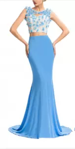 Artistic Aqua Blue Sleeveless Chiffon Sweep Train Backless Homecoming Party Dress for Prom and Party and Military Ball