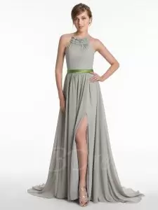 Stunning Sashes ribbons and Ruching Homecoming Party Dress Grey Criss Cross Sleeveless With Train Sweep Train
