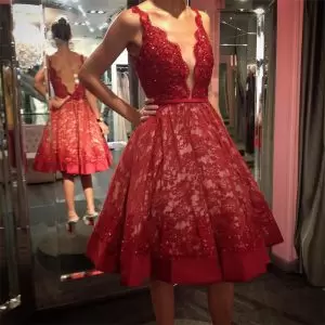 Modern Knee Length A-line Sleeveless Red Prom Dress Backless