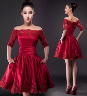 Attractive Half Sleeves Knee Length Lace and Appliques Lace Up Prom Evening Gown with Wine Red