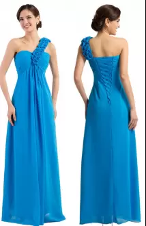 Aqua Blue Chiffon Lace Up One Shoulder Sleeveless Floor Length Prom Evening Gown Hand Made Flower