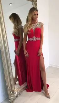 Beading Homecoming Dress Online Red Lace Up Cap Sleeves Floor Length