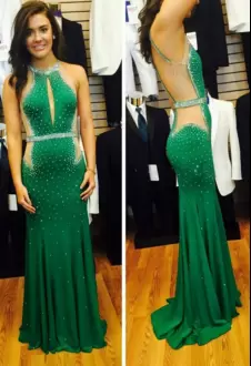 Backless Green for Prom and Party with Beading Sweep Train
