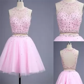 Chic Pink Prom Evening Gown Prom and Party with Beading Scoop Sleeveless Backless