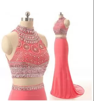 Enchanting Red Dress for Prom Prom and Party and Military Ball with Beading High-neck Sleeveless Sweep Train Backless