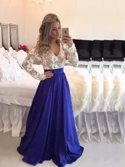 Clearance Beading and Lace Juniors Evening Dress Blue and Royal Blue Lace Up Long Sleeves Floor Length