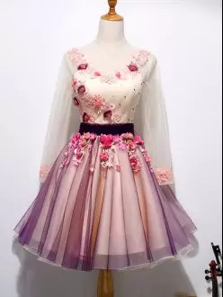 Colorful Long Sleeves V-neck Appliques and Hand Made Flower Lace Up Prom Evening Gown