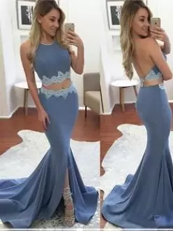 Flare Scoop Sleeveless Sweep Train Backless Evening Dress Blue Lace