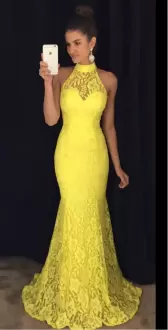 Yellow Mermaid Lace High-neck Sleeveless Lace Lace Up Dress for Prom Sweep Train