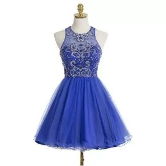 Gorgeous Royal Blue Backless Straps Beading and Ruching Homecoming Dress Tulle Sleeveless