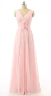 Romantic Pink Zipper V-neck Ruching and Hand Made Flower Dress for Prom Chiffon Sleeveless