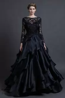 Elegant Floor Length Lace Up Prom Dresses Black for Prom and Party with Appliques and Ruffles