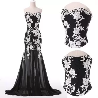 Fashionable Black Lace Up Sweetheart Embroidery Prom Party Dress Chiffon Sleeveless Sweep Train