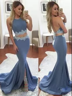 Best Scoop Sleeveless Brush Train Backless Homecoming Dress Blue Appliques