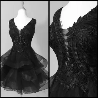 Excellent Black A-line Tulle V-neck Sleeveless Lace and Appliques Mini Length Lace Up Homecoming Dresses