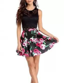 Best Selling Black Zipper Scoop Lace Homecoming Dress Printed Sleeveless
