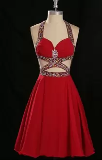 Red Sleeveless Beading Mini Length Prom Dress