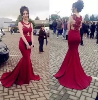 Lace Prom Party Dress Wine Red Backless Sleeveless Floor Length